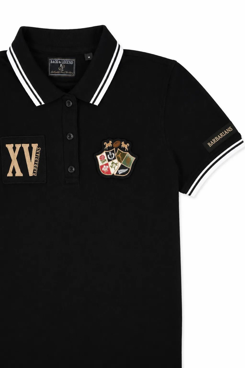Polo noir à manches courtes XV Barbarians pour femme (zoom poitrine)
