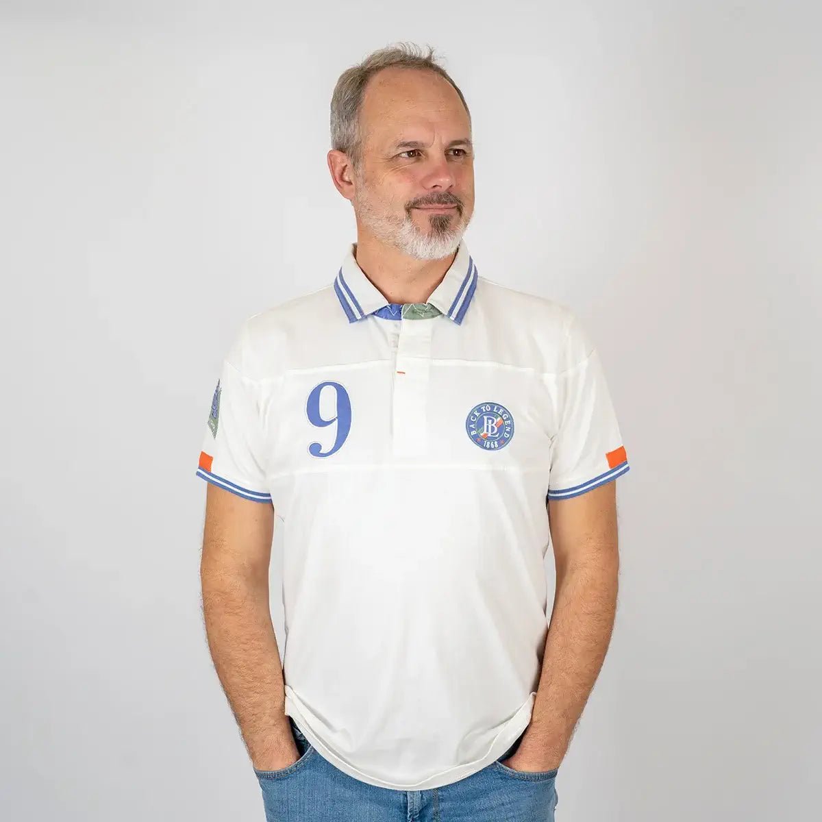 Polo blanc n°9 en coton jersey peau de pêche BACK to LEGEND