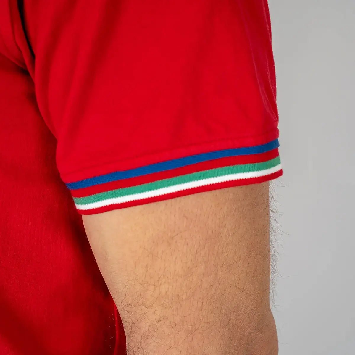 Polo homme rouge 100% coton jersey peau de pêche BACK to LEGEND (zoom bord de manche)