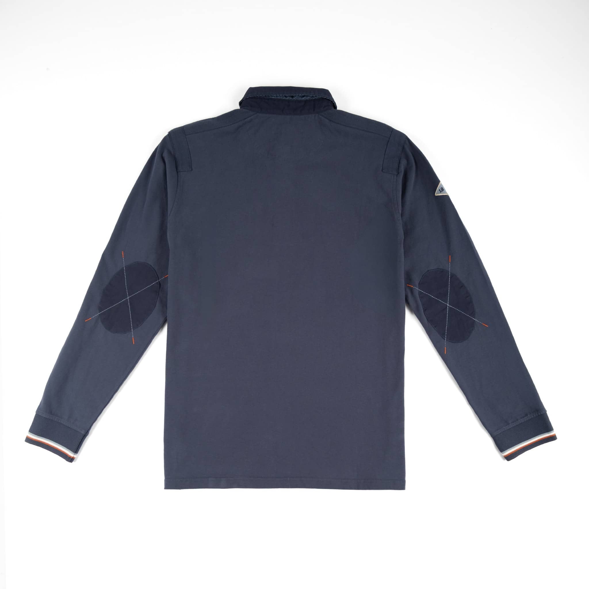 Polo homme BACK TO LEGEND à manches longues bleu et coudières ton sur ton (vêtement de dos)
