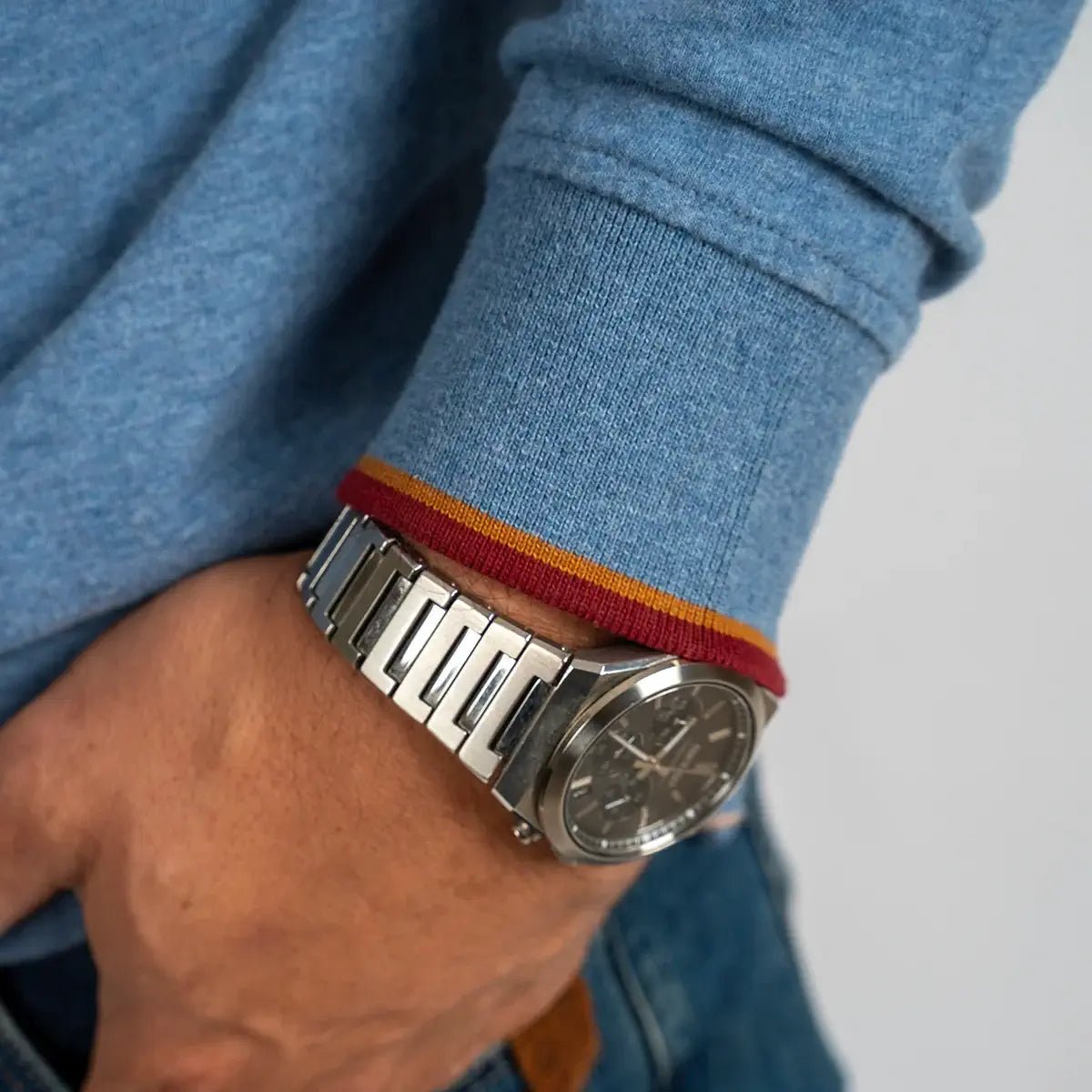 Polo homme Clubhouse bleu chiné à manches longues BACK to LEGEND (zoom bord de manche)