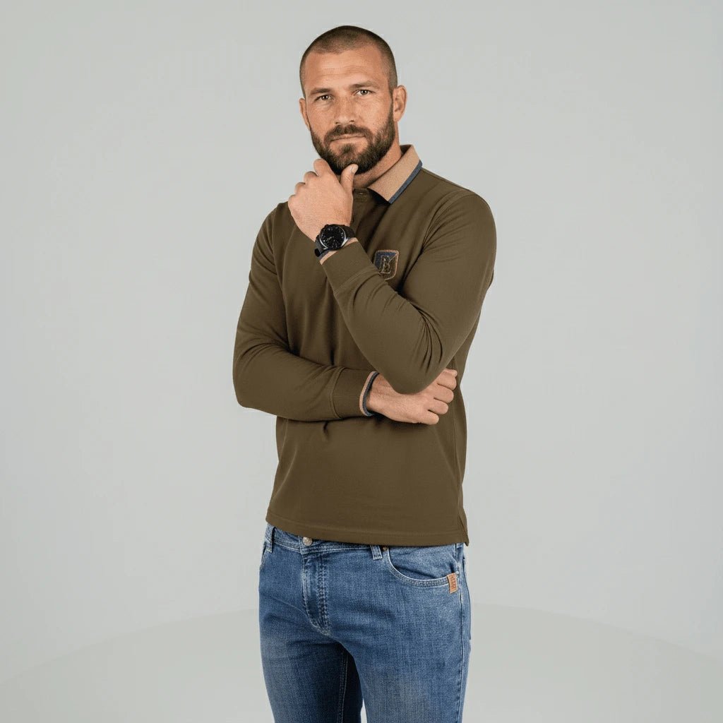 Polo vert kaki à manches longues et col contrasté BACK to LEGEND