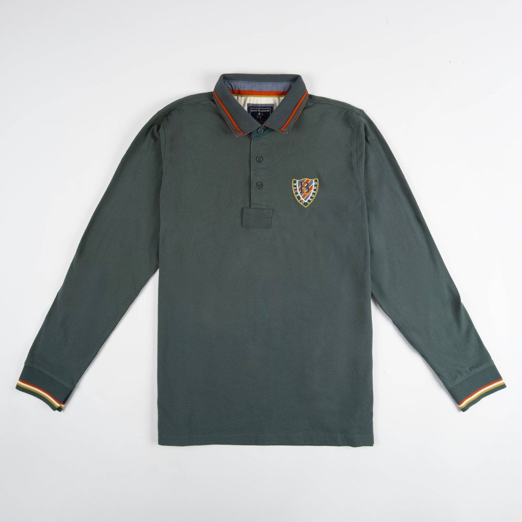 Polo BACK TO LEGEND à manches longues homme vert toucher peau de pêche (polo à plat de face)