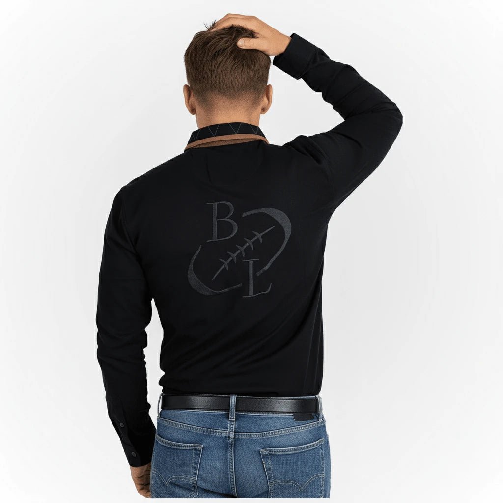 Polo noir manches longues brodé d'un ballon de rugby BACK to LEGEND