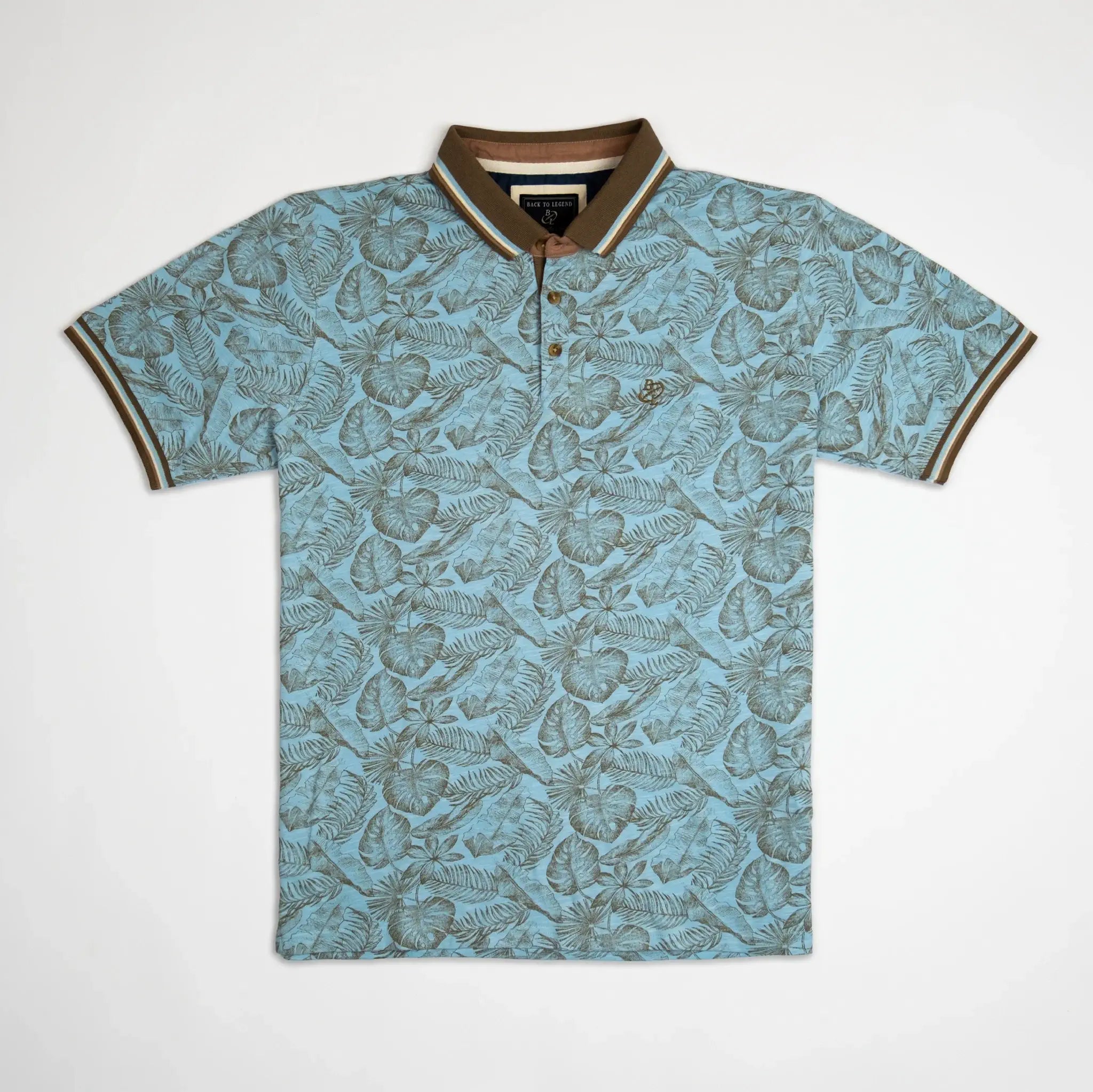Polo bleu ciel imprimé tropical 100% coton slub BACK to LEGEND (vêtement à plat de face)