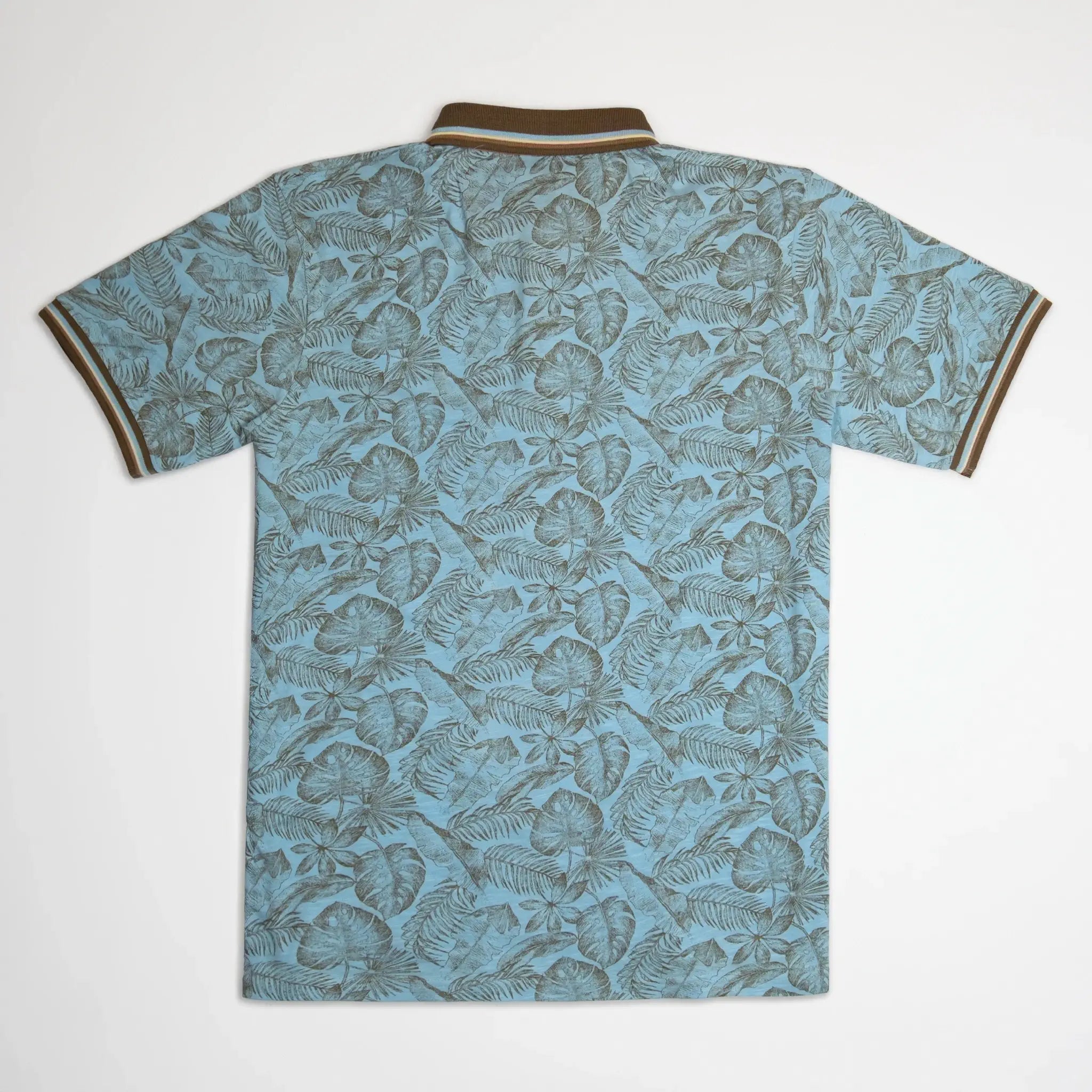Polo bleu ciel imprimé tropical 100% coton slub BACK to LEGEND (vêtement à plat de dos)