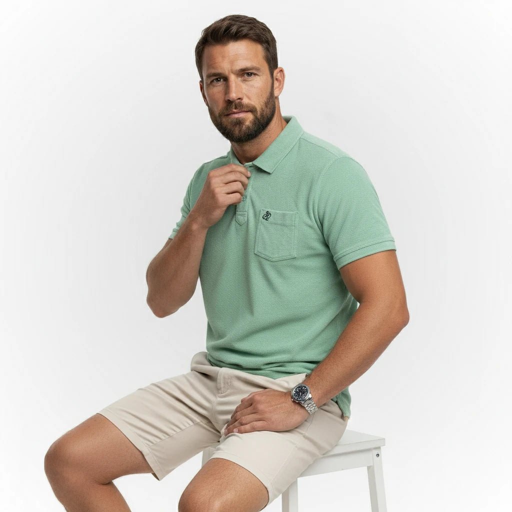 Polo vert cactus en tissu éponge pour homme BACK to LEGEND (vue de 34 face)