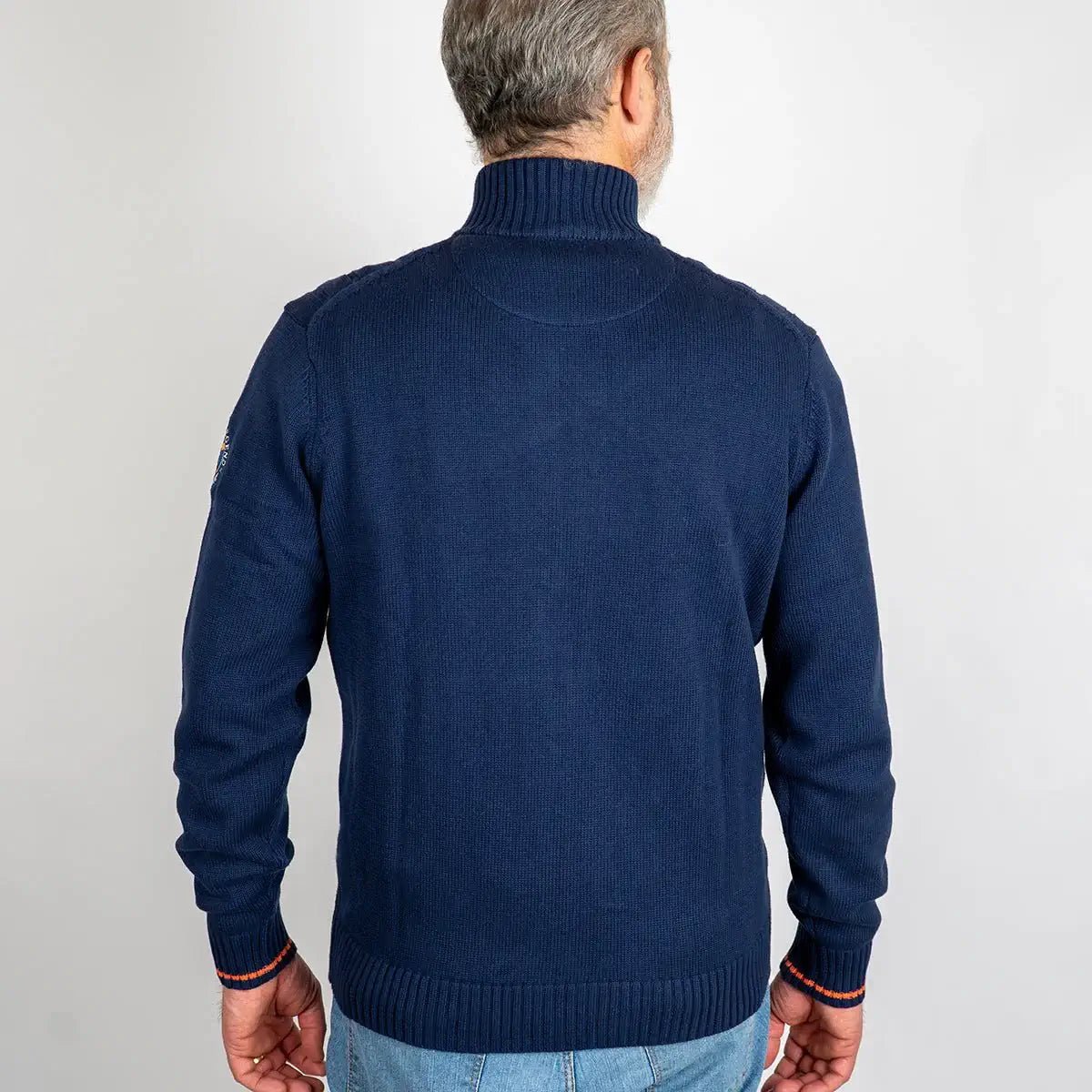 Pull bleu full zip torsadé pour homme BACK to LEGEND (vue de dos)