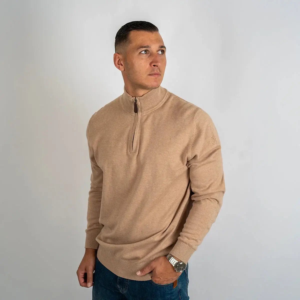 Pull col camionneur beige clair en coton et cachemire BACK to LEGEND