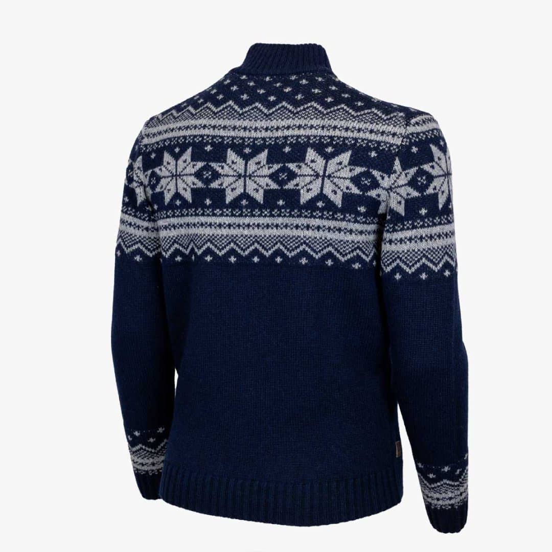 Pull camionneur jacquard bleu marine à motifs hiver (vue de dos)