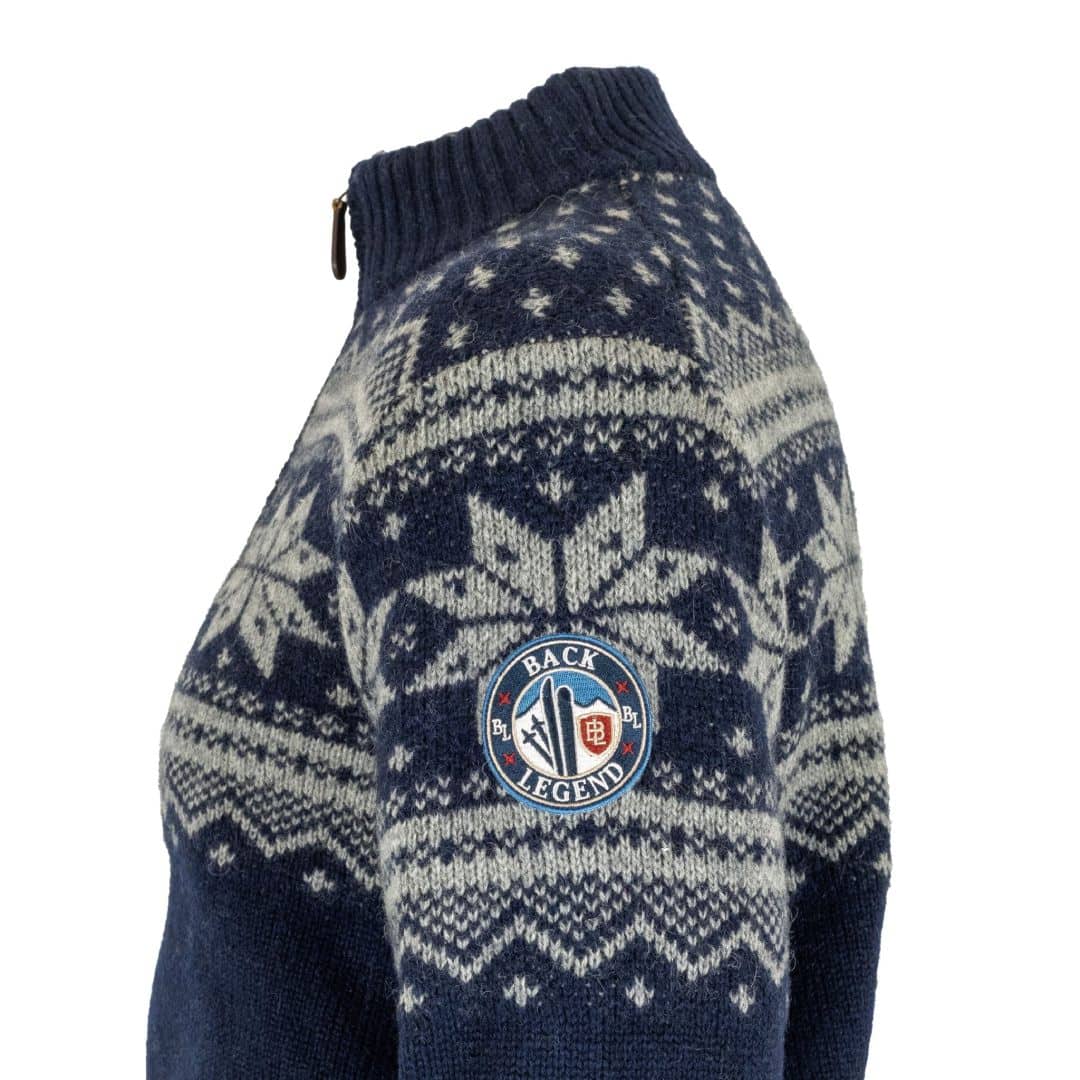 Pull camionneur jacquard bleu marine à motifs hiver (vue de profil)