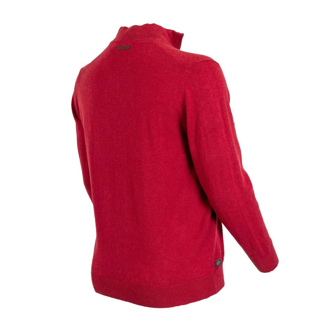 Pull Homme rouge cranberry col camionneur (vue de 3/4 arrière)