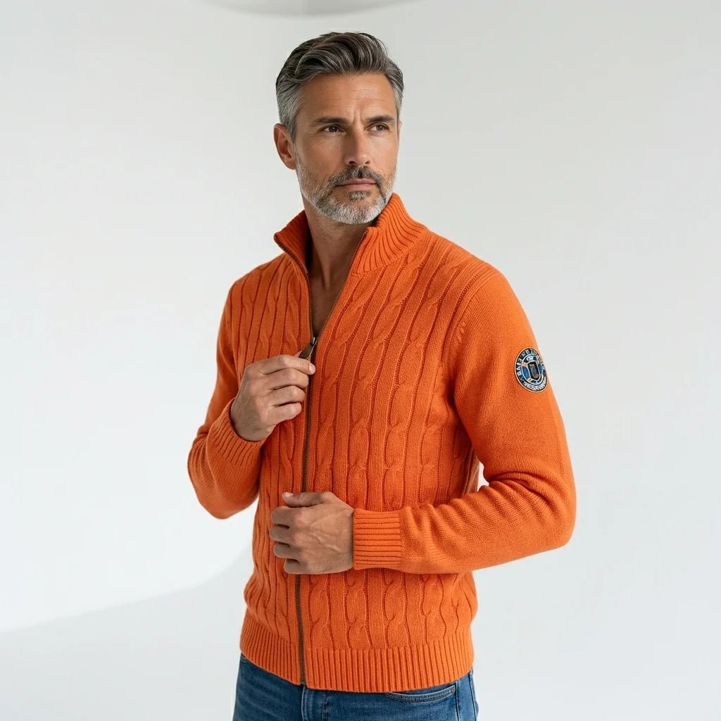 Pull orange full zip torsadé pour homme BACK to LEGEND