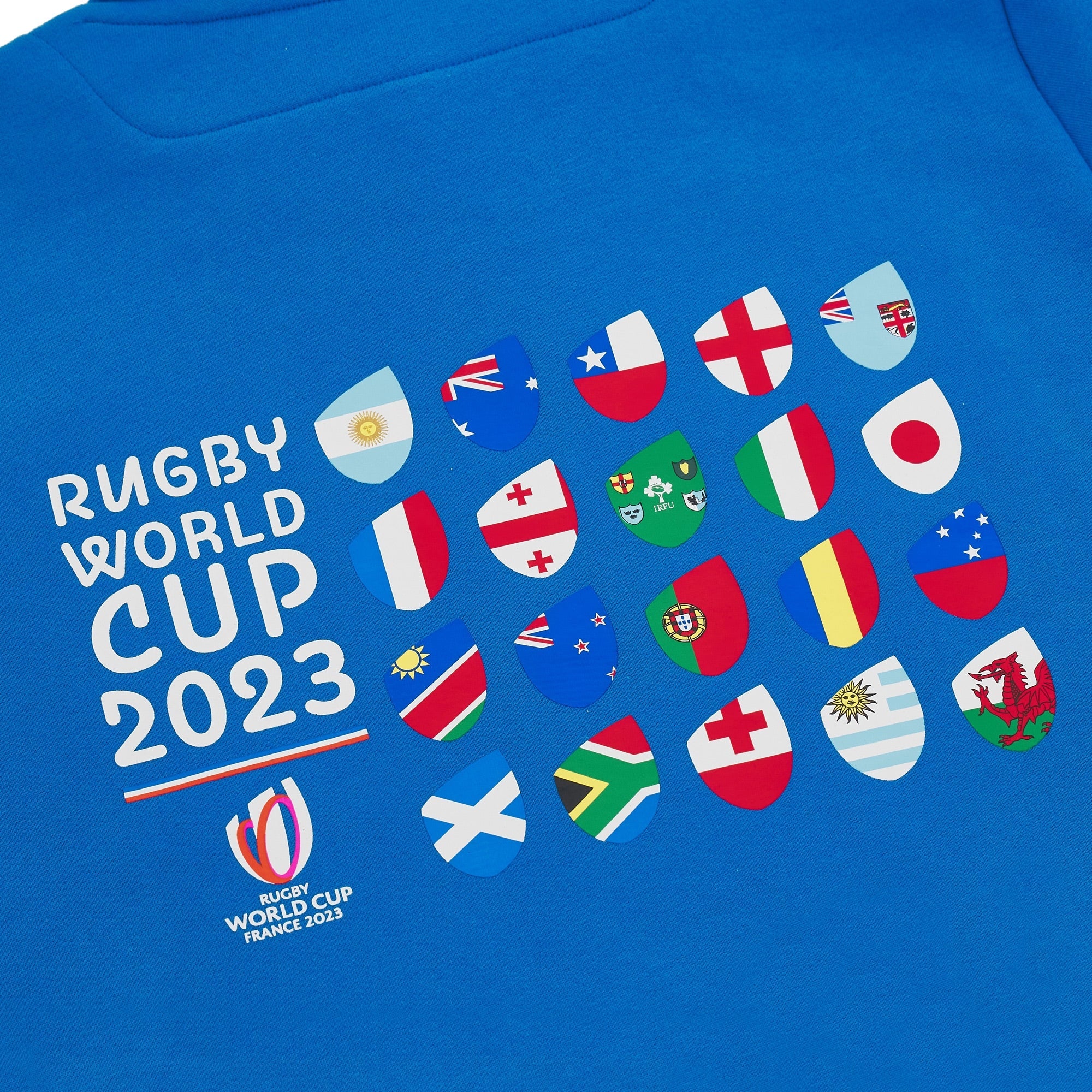 Sweat à capuche bleu & drapeaux RWC France 2023 (Logo et drapeaux dans le dos)