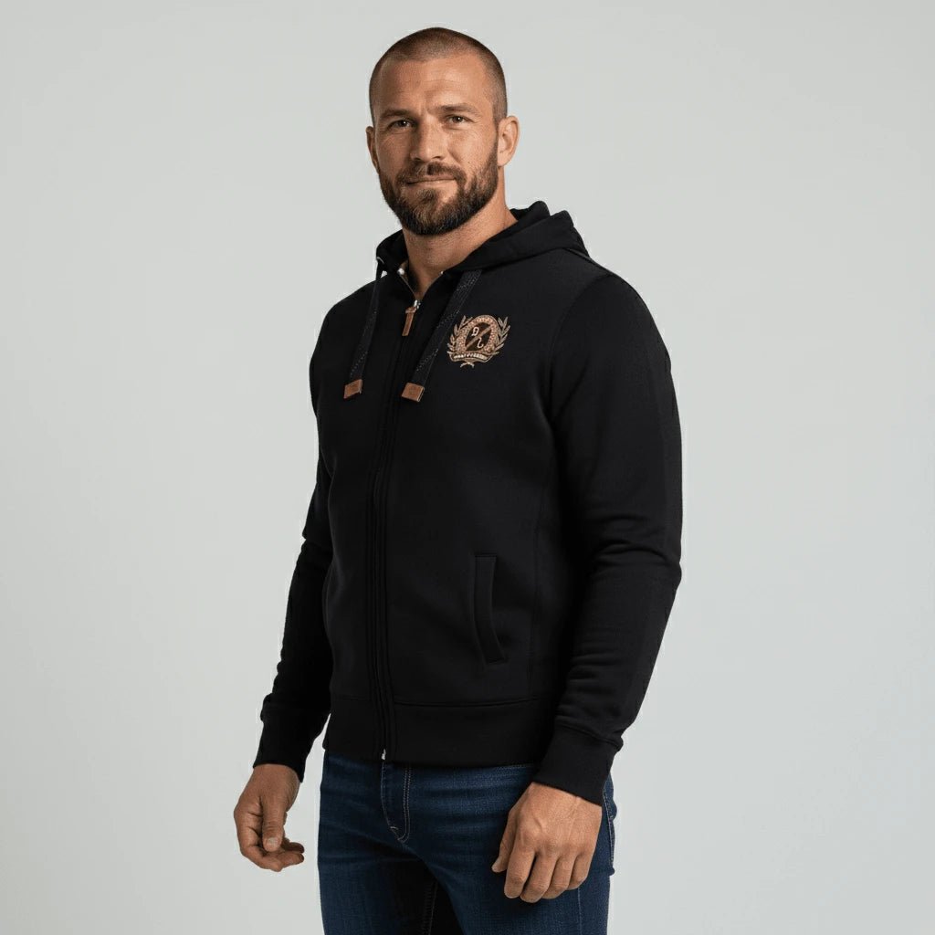 Sweat à capuche zippé noir brodé d'un ballon de rugby BACK TO LEGEND