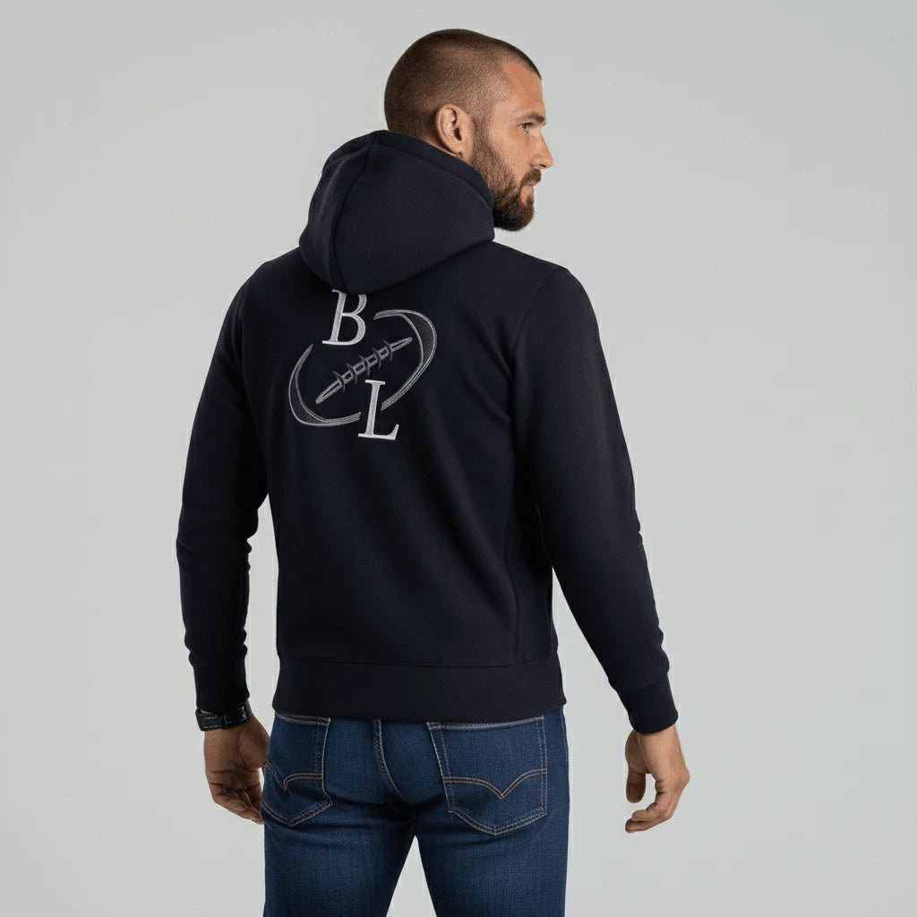 Sweat à capuche zippé noir brodé d'un ballon de rugby BACK TO LEGEND (vue de dos)