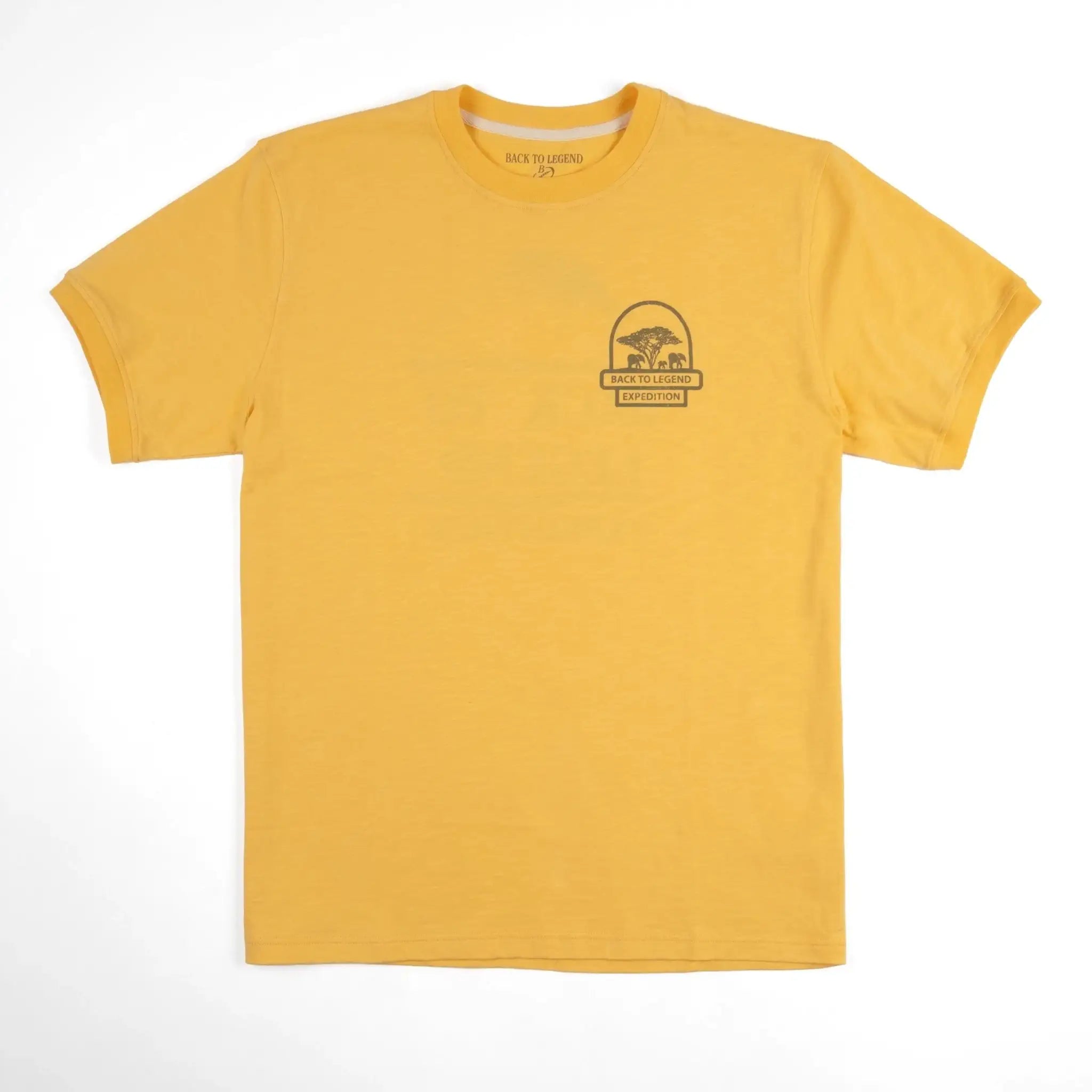 T-shirt expédition jaune ocre pour homme à col rond BACK to LEGEND (vêtement à plat de face)