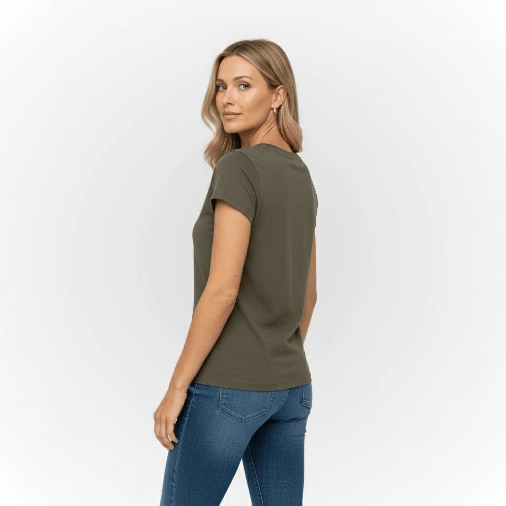 T-shirt femme kaki col en V Blacks Legend (vue de dos