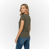 T-shirt femme kaki col en V Blacks Legend (vue de dos