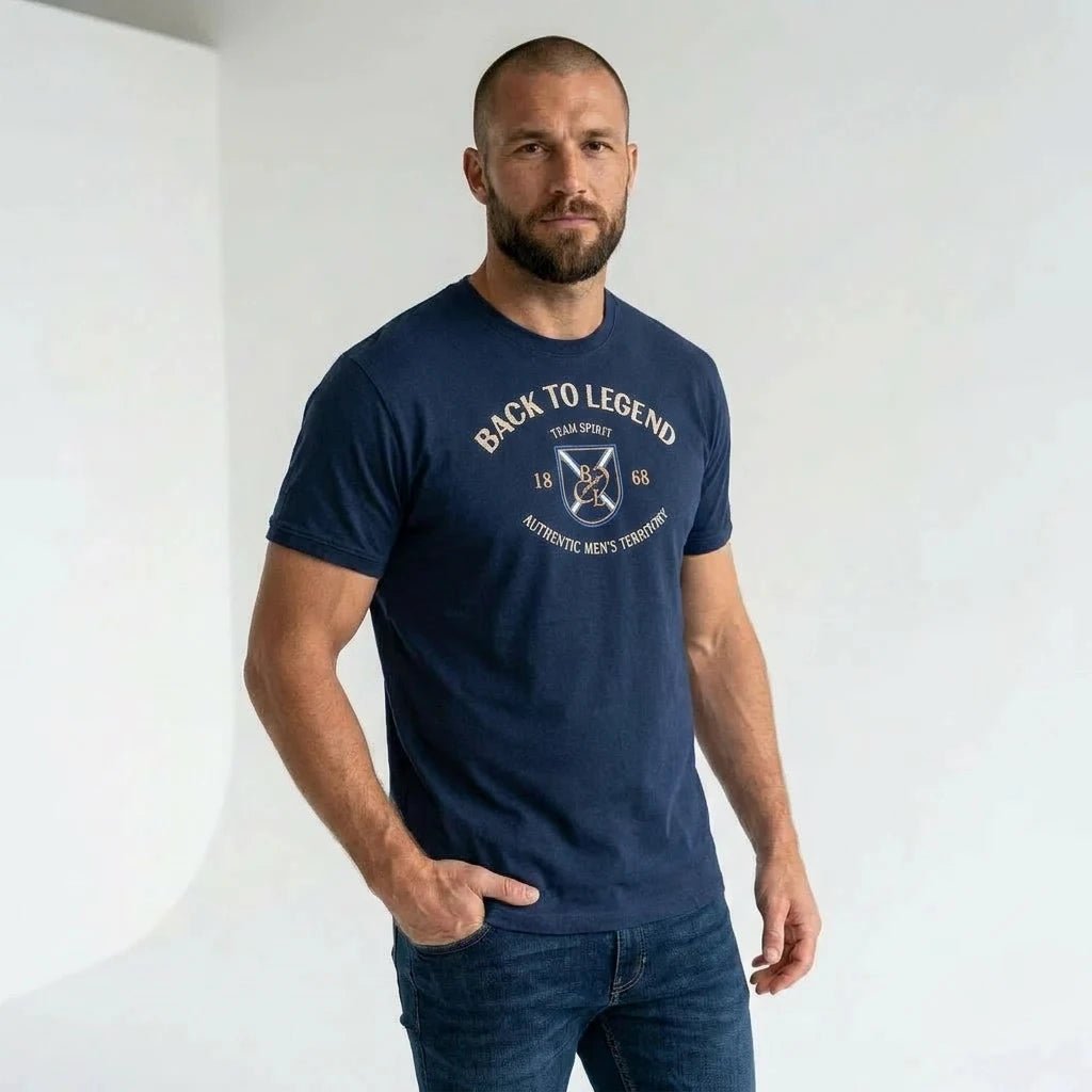 T-shirt bleu marine col V pour homme BACK TO LEGEND