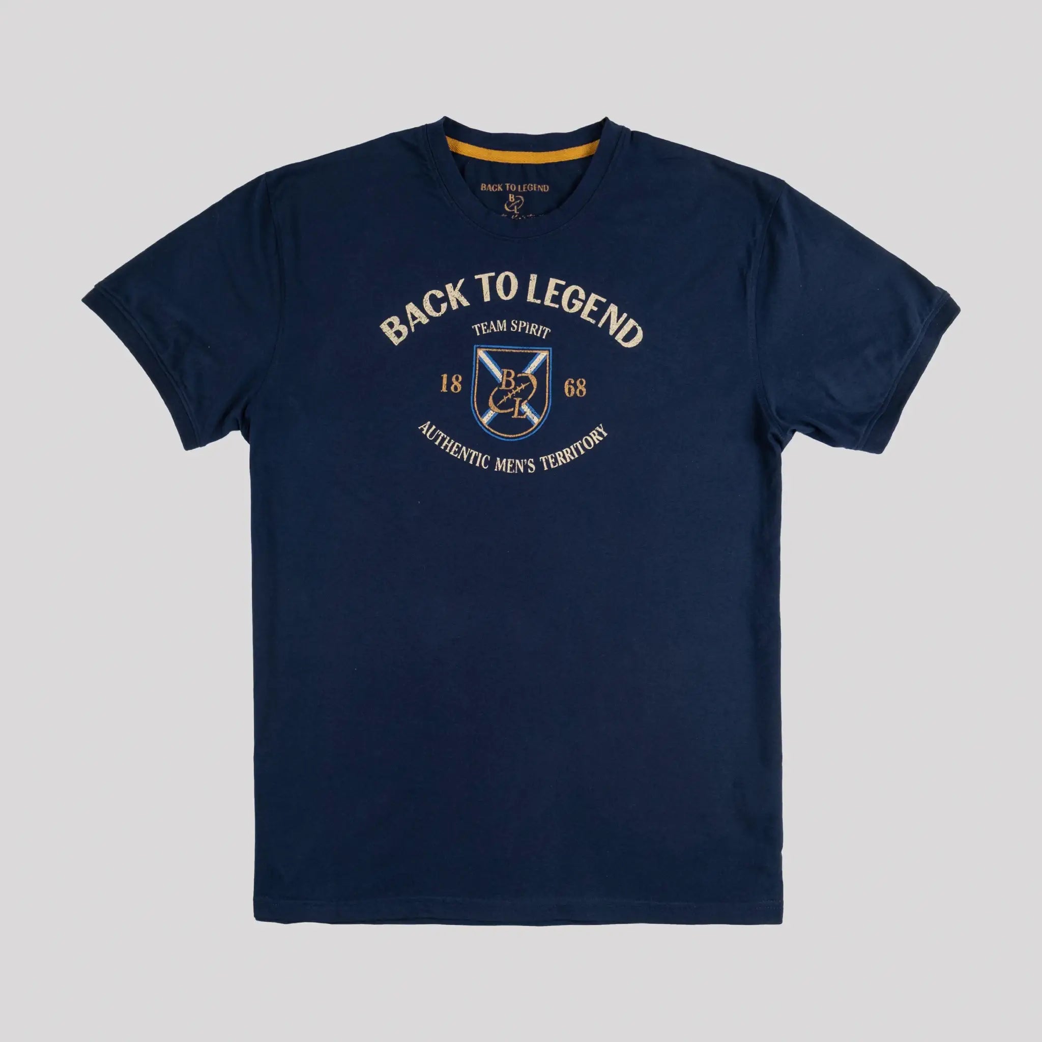 T-shirt bleu marine col V pour homme BACK TO LEGEND (vêtement à plat de face)