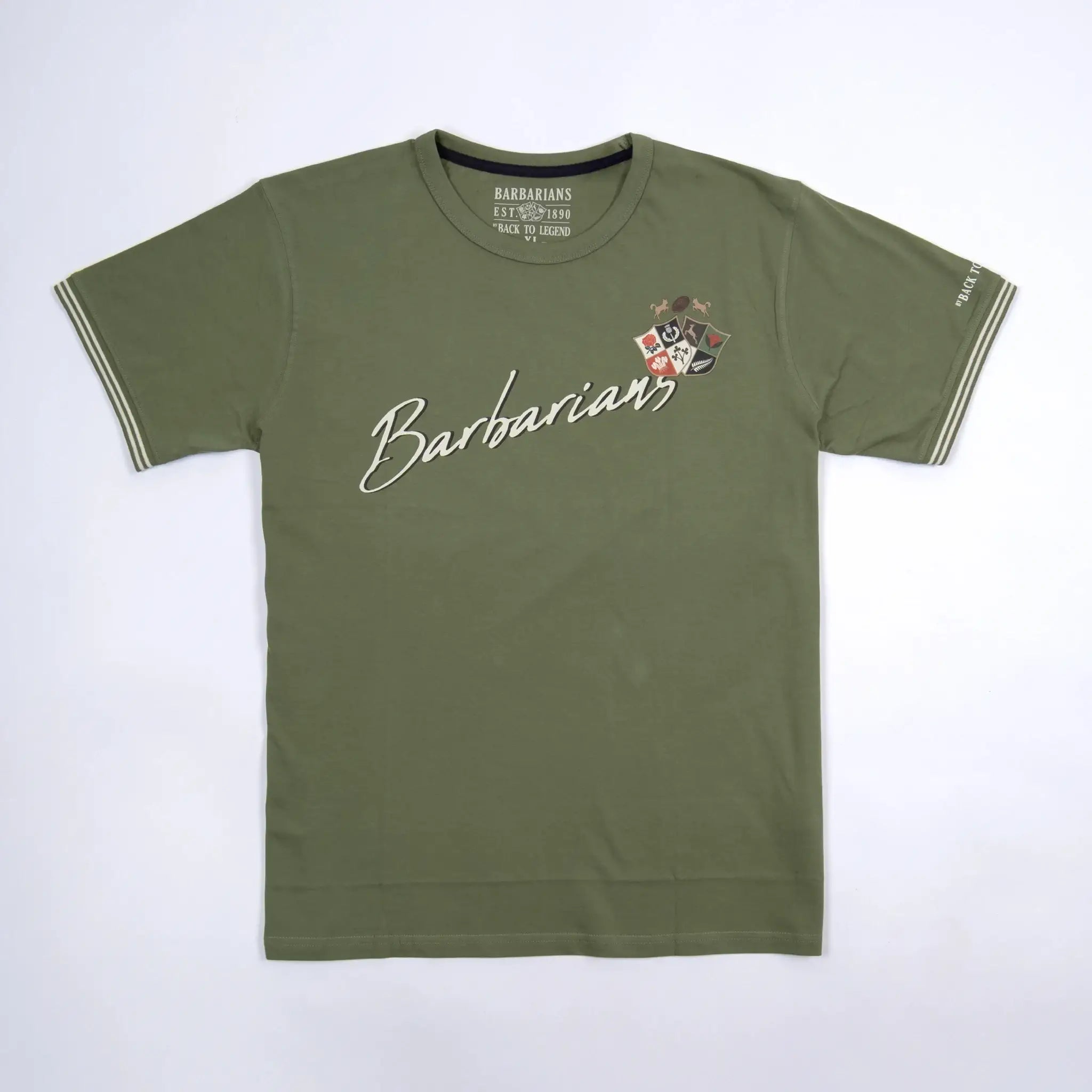 T-shirt vert col rond Barbarians BACK to LEGEND (vêtement à plat de face)