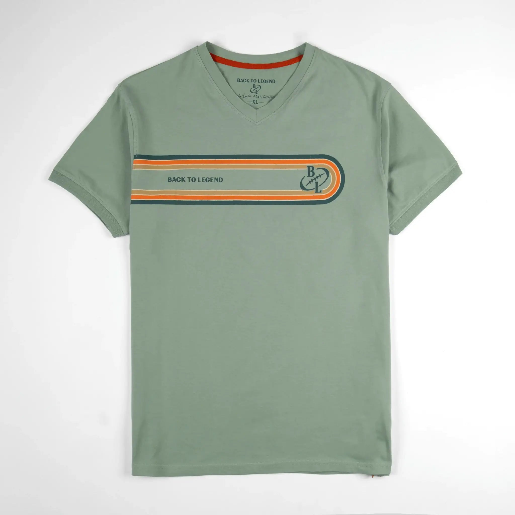 T-shirt homme vert écume col V BACK TO LEGEND (vêtement à plat de face)