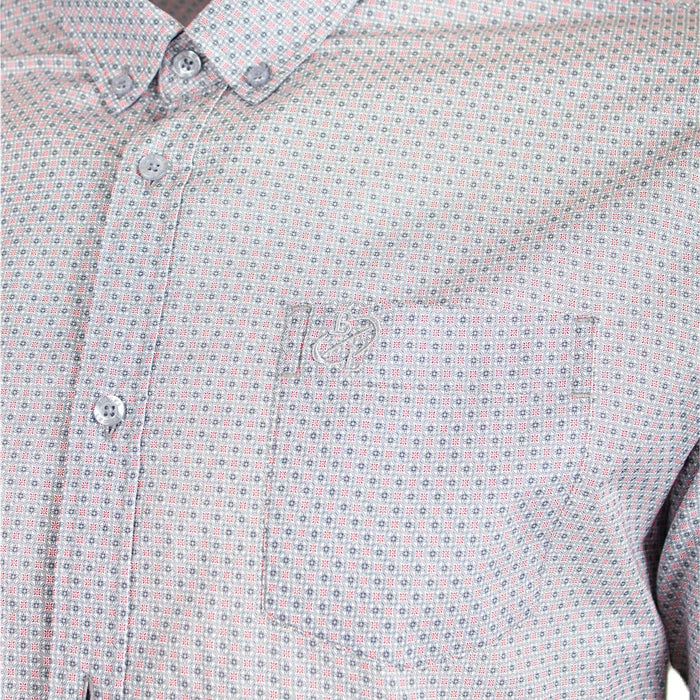 Chemise bleue imprimé géométrique à manches longues (Zoom poitrine)