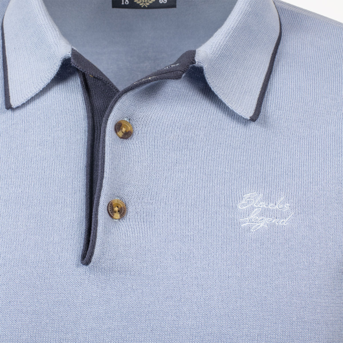 Pull homme bleu col polo - Blacks Legend (zoom poitrine et col)