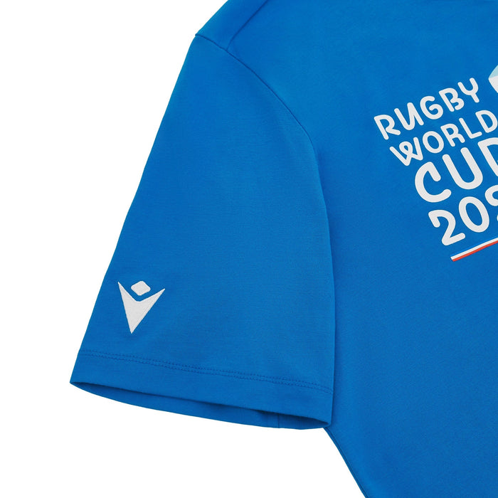 T-shirt bleu & drapeaux RWC France 2023 - Macron (Zoom épaule)